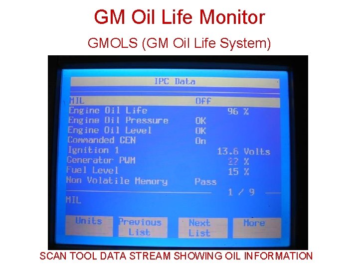GM Oil Life Monitor GMOLS (GM Oil Life System) SCAN TOOL DATA STREAM SHOWING GM Oil Life Monitor GMOLS (GM Oil Life System) SCAN TOOL DATA STREAM SHOWING