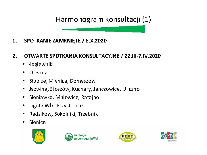 Harmonogram konsultacji (1) 1. SPOTKANIE ZAMKNIĘTE / 6. X. 2020 2. OTWARTE SPOTKANIA KONSULTACYJNE