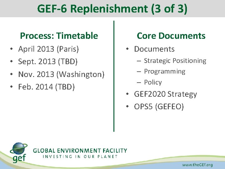GEF-6 Replenishment (3 of 3) Process: Timetable • • April 2013 (Paris) Sept. 2013
