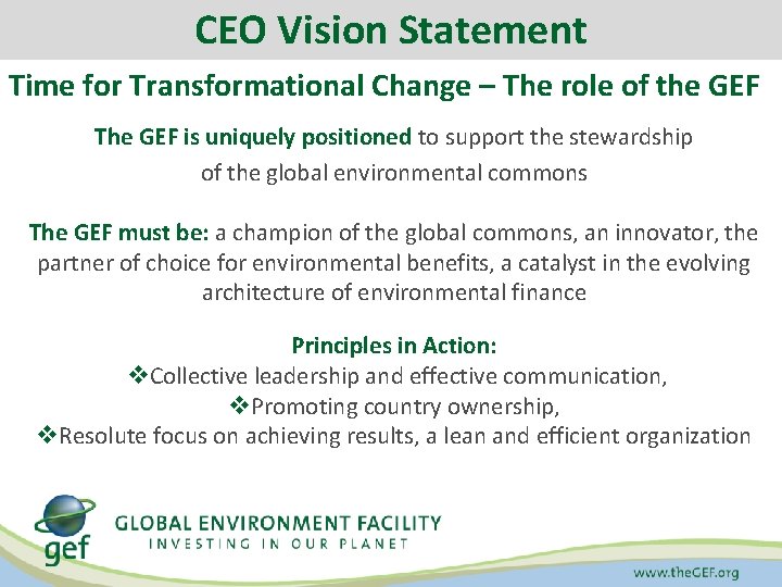CEO Vision Statement Time for Transformational Change – The role of the GEF The