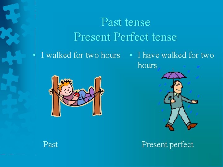 Past tense Present Perfect tense • I walked for two hours Past • I