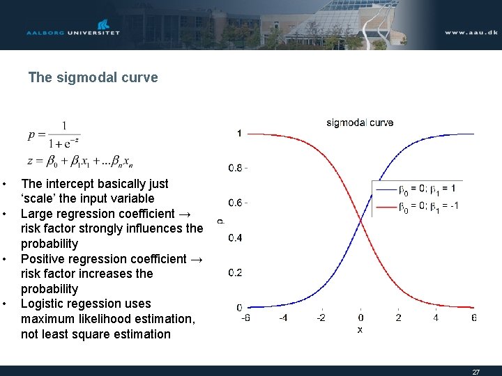 The sigmodal curve • • The intercept basically just ‘scale’ the input variable Large