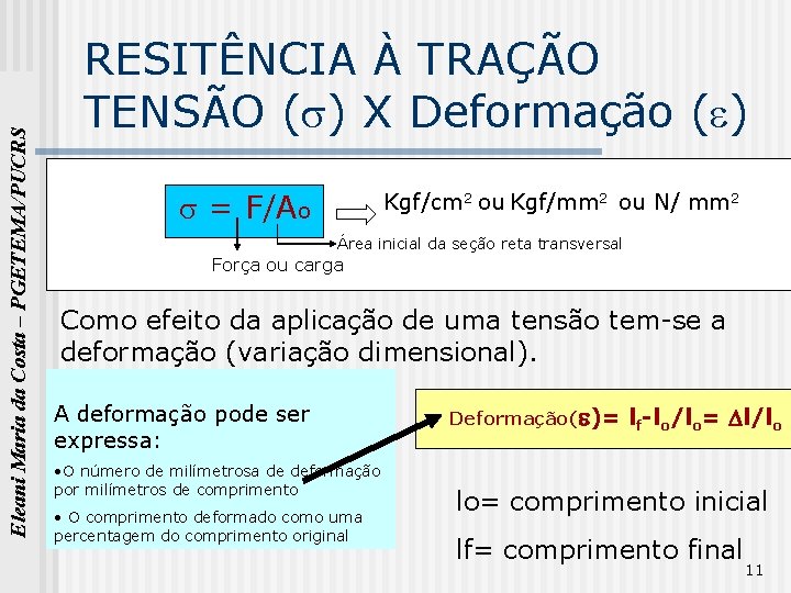 Eleani Maria da Costa – PGETEMA/PUCRS RESITÊNCIA À TRAÇÃO TENSÃO ( ) X Deformação