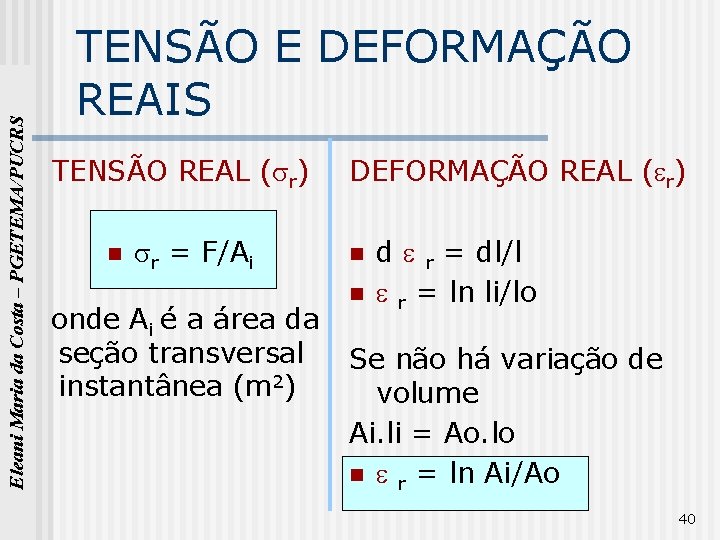 Eleani Maria da Costa – PGETEMA/PUCRS TENSÃO E DEFORMAÇÃO REAIS TENSÃO REAL ( r)