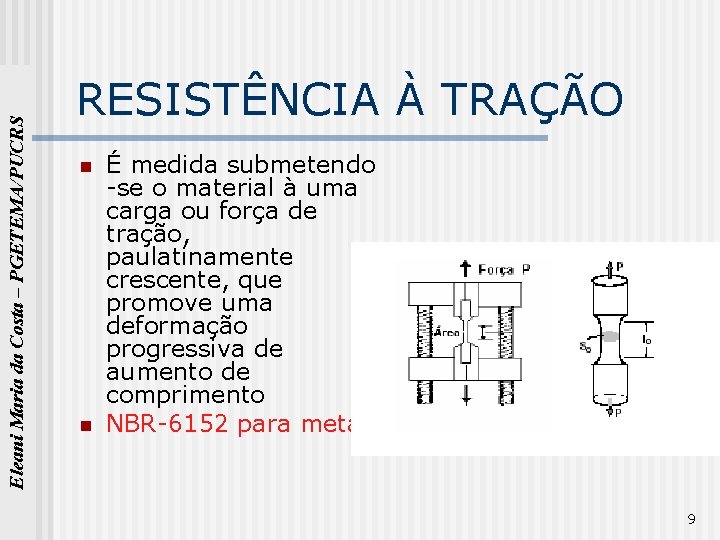 Eleani Maria da Costa – PGETEMA/PUCRS RESISTÊNCIA À TRAÇÃO n n É medida submetendo