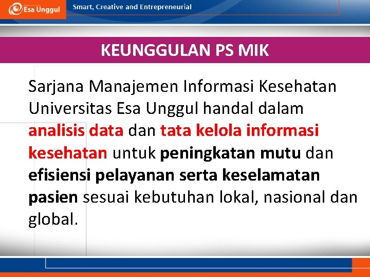 KEUNGGULAN PS MIK Sarjana Manajemen Informasi Kesehatan Universitas Esa Unggul handal dalam analisis data