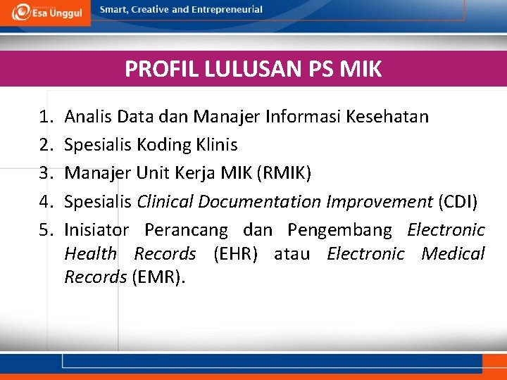 PROFIL LULUSAN PS MIK 1. 2. 3. 4. 5. Analis Data dan Manajer Informasi