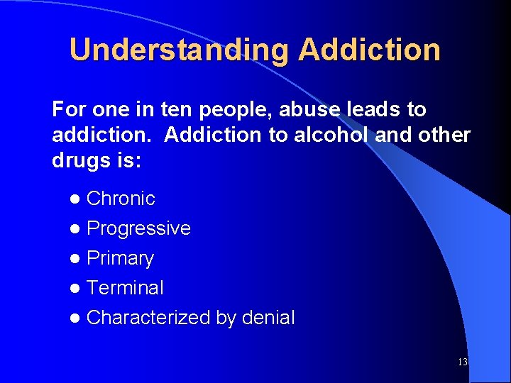 Understanding Addiction For one in ten people, abuse leads to addiction. Addiction to alcohol