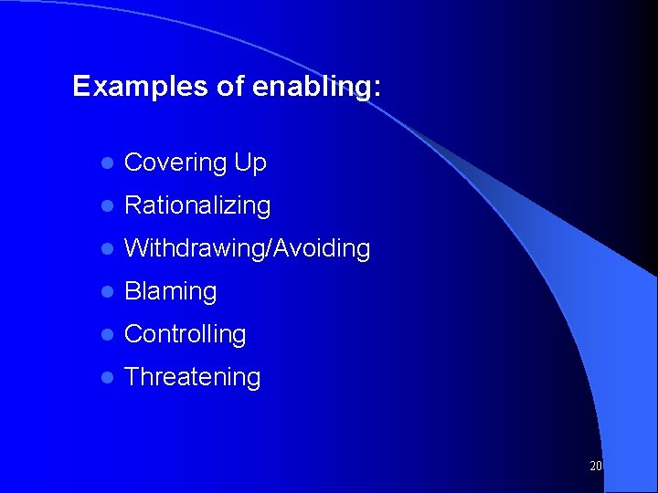 Examples of enabling: l Covering Up l Rationalizing l Withdrawing/Avoiding l Blaming l Controlling