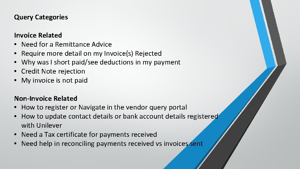 Query Categories Invoice Related • Need for a Remittance Advice • Require more detail
