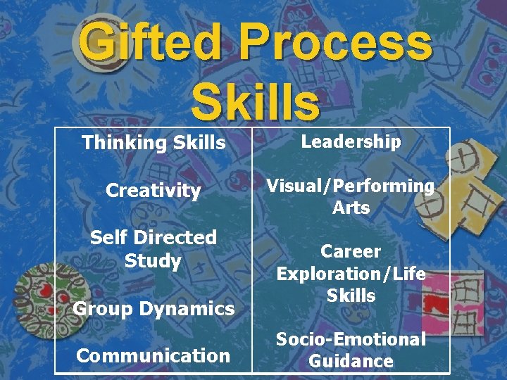 Gifted Process Skills Thinking Skills Leadership Creativity Visual/Performing Arts Self Directed Study Group Dynamics