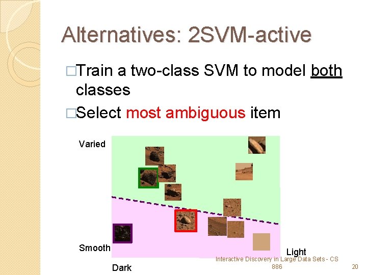 Alternatives: 2 SVM-active �Train a two-class SVM to model both classes �Select most ambiguous
