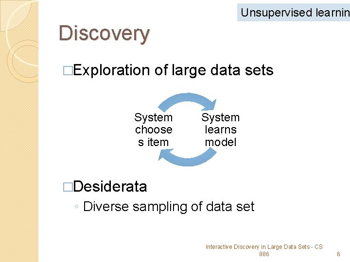 Unsupervised learnin Discovery �Exploration of large data sets System choose s item System learns
