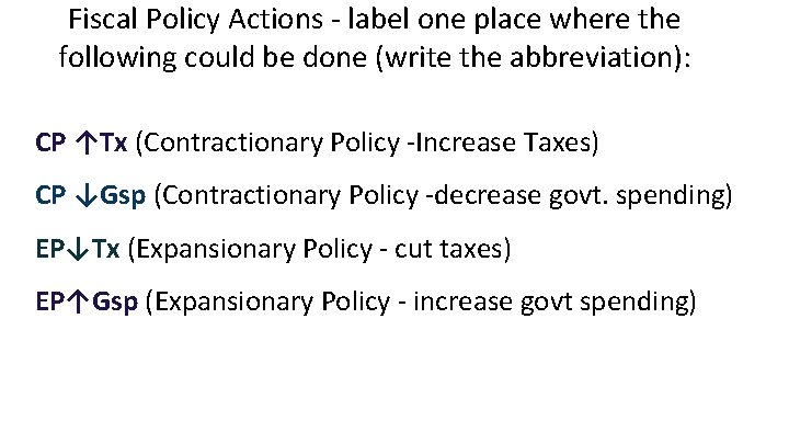 Fiscal Policy Actions - label one place where the following could be done (write