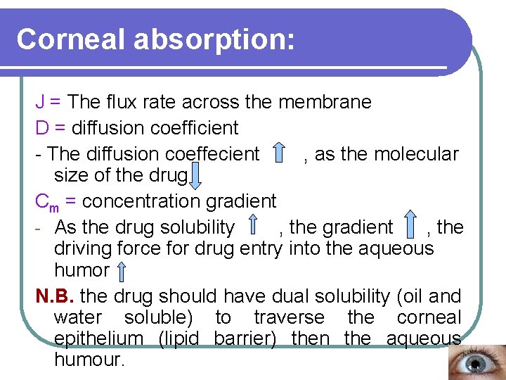 Corneal absorption: J = The flux rate across the membrane D = diffusion coefficient