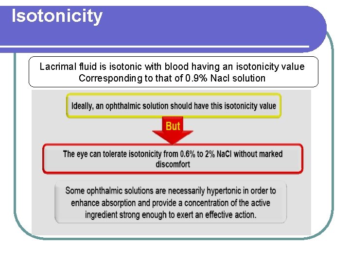 Isotonicity Lacrimal fluid is isotonic with blood having an isotonicity value Corresponding to that