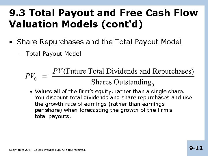 9. 3 Total Payout and Free Cash Flow Valuation Models (cont'd) • Share Repurchases