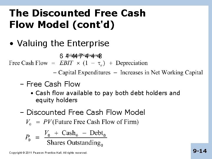 The Discounted Free Cash Flow Model (cont'd) • Valuing the Enterprise – Free Cash