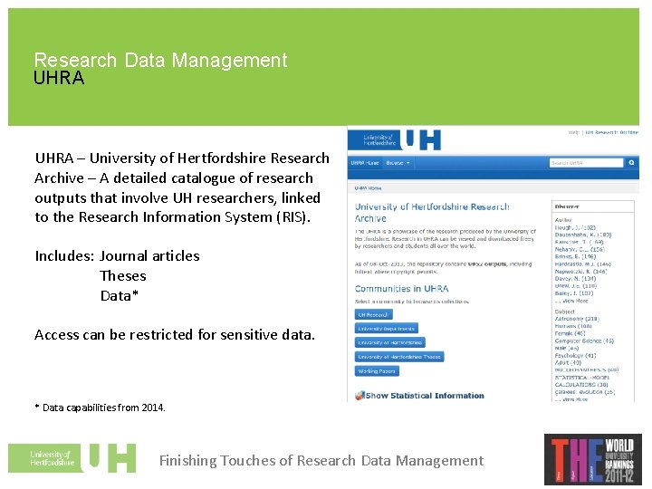 Research Data Management UHRA – University of Hertfordshire Research Archive – A detailed catalogue