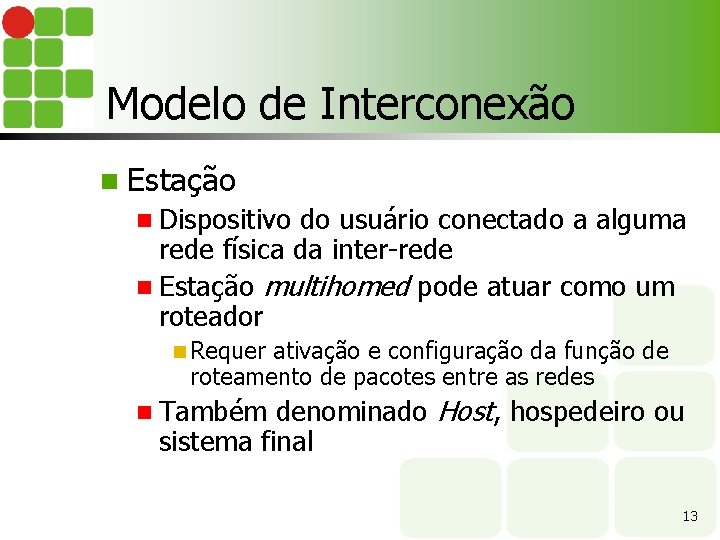 Modelo de Interconexão n Estação n Dispositivo do usuário conectado a alguma rede física