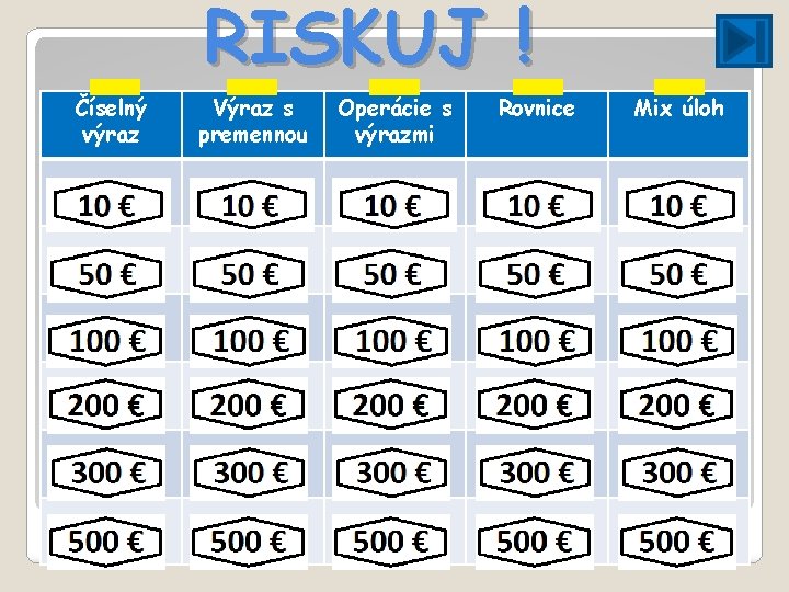 RISKUJ ! Číselný výraz Výraz s premennou Operácie s výrazmi Rovnice Mix úloh 