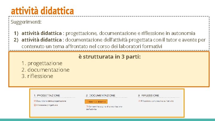 attività didattica Suggerimenti: 1) attività didattica : progettazione, documentazione e riflessione in autonomia 2)