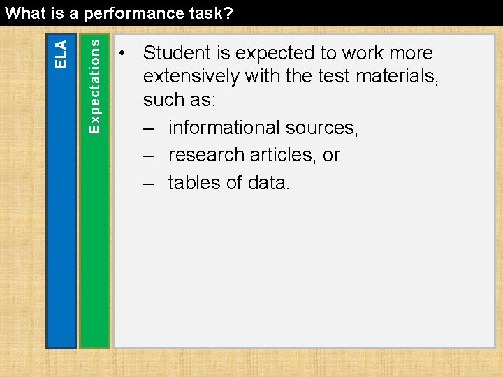 Expectations ELA What is a performance task? • Student is expected to work more Expectations ELA What is a performance task? • Student is expected to work more