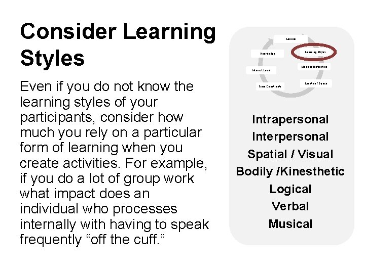 Consider Learning Styles Even if you do not know the learning styles of your