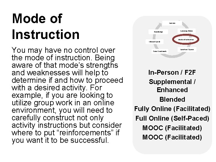 Mode of Instruction You may have no control over the mode of instruction. Being