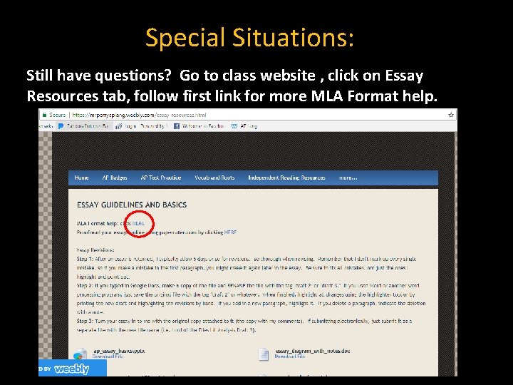 Special Situations: Still have questions? Go to class website , click on Essay Resources