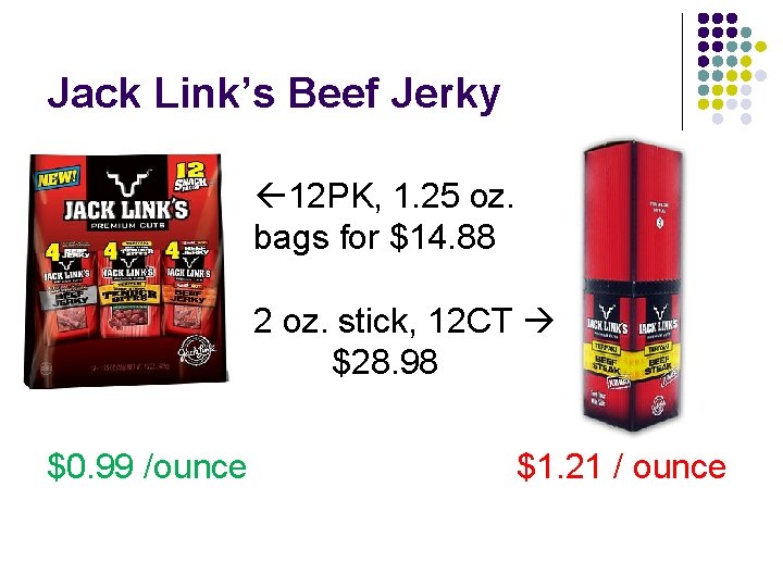 Jack Link’s Beef Jerky 12 PK, 1. 25 oz. bags for $14. 88 2 Jack Link’s Beef Jerky 12 PK, 1. 25 oz. bags for $14. 88 2