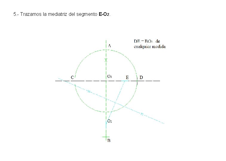 5. - Trazamos la mediatriz del segmento E-O 2. 5. - Trazamos la mediatriz del segmento E-O 2.