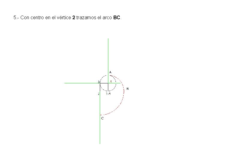 5. - Con centro en el vértice 2 trazamos el arco BC. 5. - Con centro en el vértice 2 trazamos el arco BC.