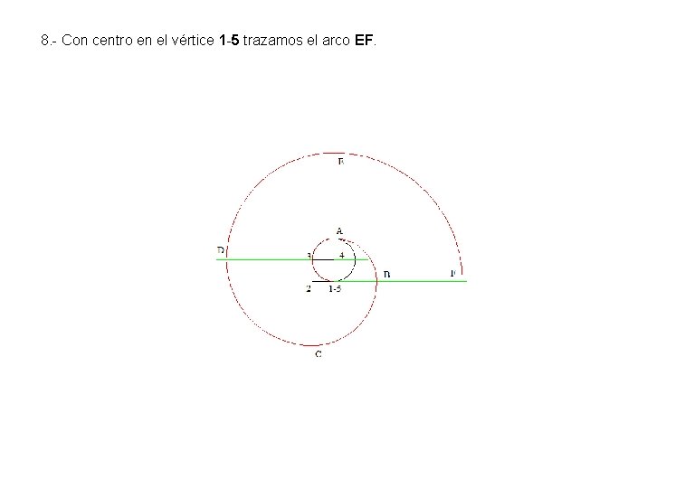 8. - Con centro en el vértice 1 -5 trazamos el arco EF. 8. - Con centro en el vértice 1 -5 trazamos el arco EF.