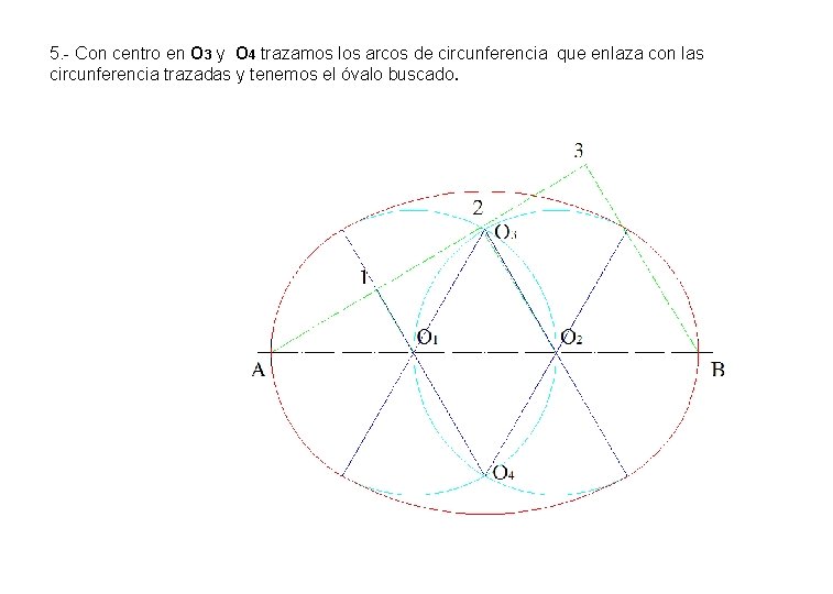 5. - Con centro en O 3 y O 4 trazamos los arcos de 5. - Con centro en O 3 y O 4 trazamos los arcos de