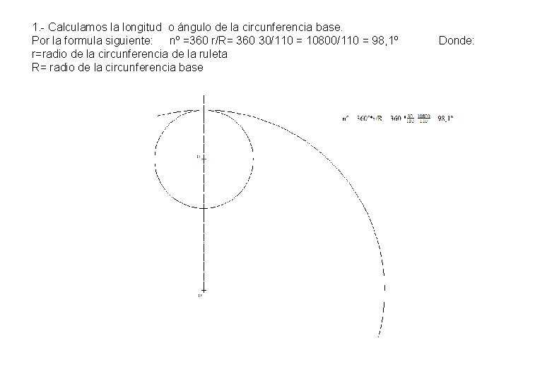 1. - Calculamos la longitud o ángulo de la circunferencia base. Por la formula 1. - Calculamos la longitud o ángulo de la circunferencia base. Por la formula