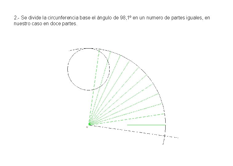 2. - Se divide la circunferencia base el ángulo de 98, 1º en un 2. - Se divide la circunferencia base el ángulo de 98, 1º en un