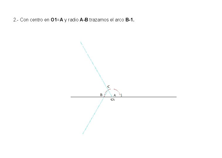 2. - Con centro en O 1=A y radio A-B trazamos el arco B-1. 2. - Con centro en O 1=A y radio A-B trazamos el arco B-1.