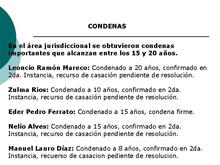 CONDENAS En el área jurisdiccional se obtuvieron condenas importantes que alcanzan entre los 15