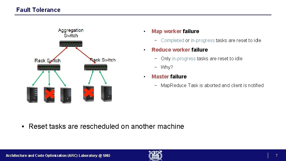 Fault Tolerance • Map worker failure − Completed or in-progress tasks are reset to