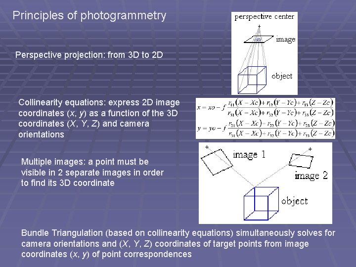 Principles of photogrammetry Perspective projection: from 3 D to 2 D Collinearity equations: express