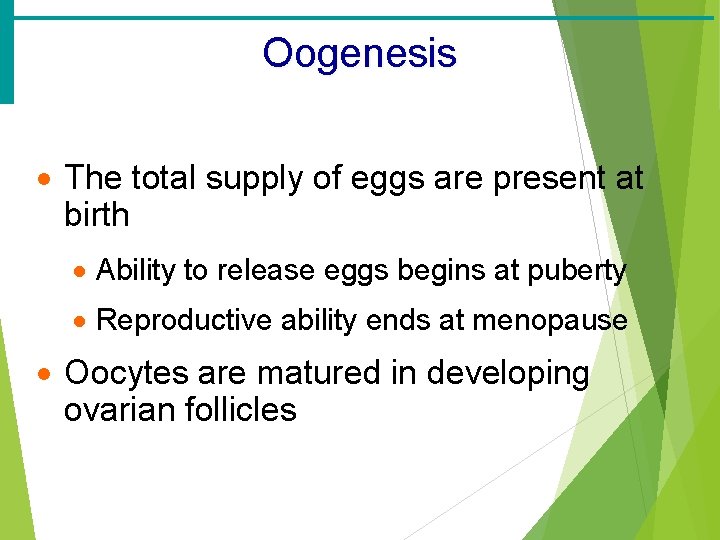 Oogenesis · The total supply of eggs are present at birth · Ability to