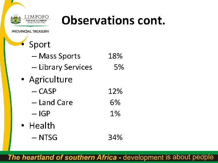 Observations cont. • Sport – Mass Sports – Library Services 18% 5% • Agriculture