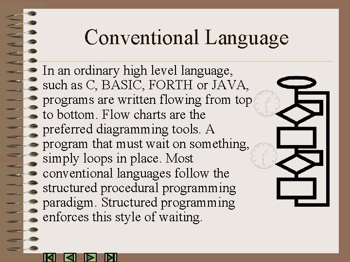 Conventional Language In an ordinary high level language, such as C, BASIC, FORTH or