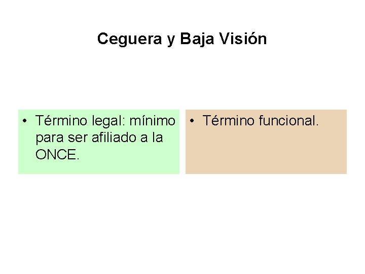 Ceguera y Baja Visión • Término legal: mínimo • Término funcional. para ser afiliado