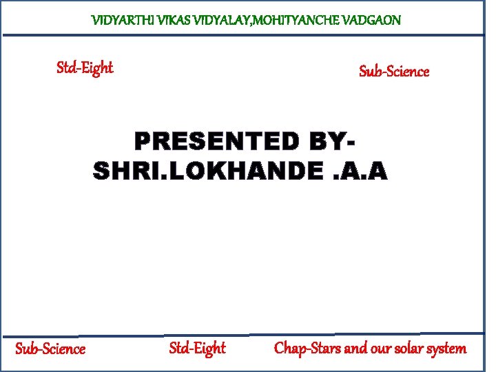 VIDYARTHI VIKAS VIDYALAY, MOHITYANCHE VADGAON Std Eight Sub Science PRESENTED BYSHRI. LOKHANDE. A. A
