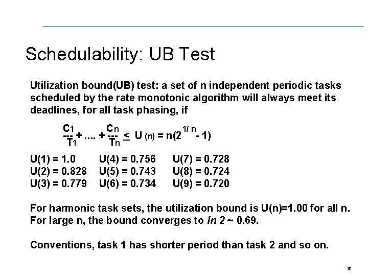 Schedulability: UB Test Utilization bound(UB) test: a set of n independent periodic tasks scheduled