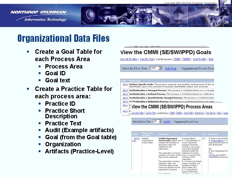 Copyright 2003 Northrop Grumman Corporation 20 Organizational Data Files § Create a Goal Table