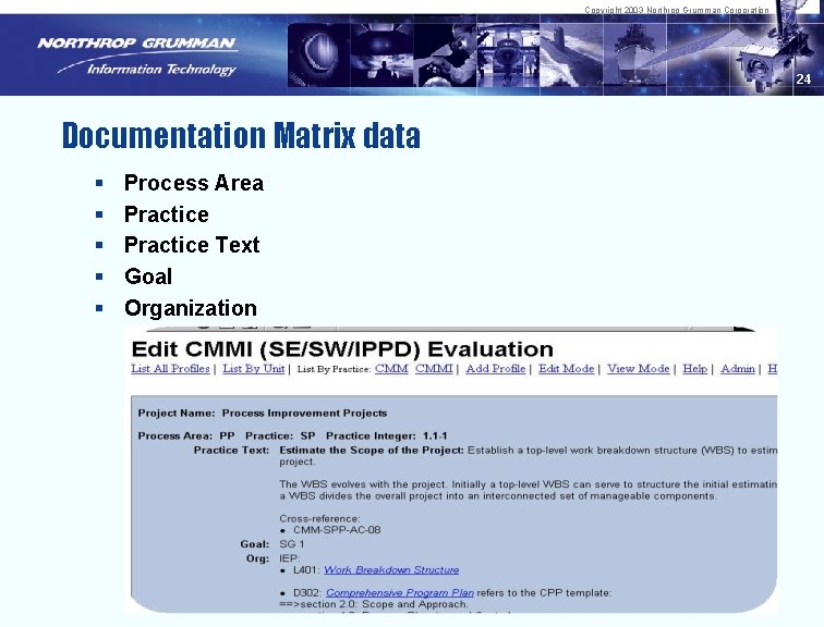 Copyright 2003 Northrop Grumman Corporation 24 Documentation Matrix data § § § Process Area