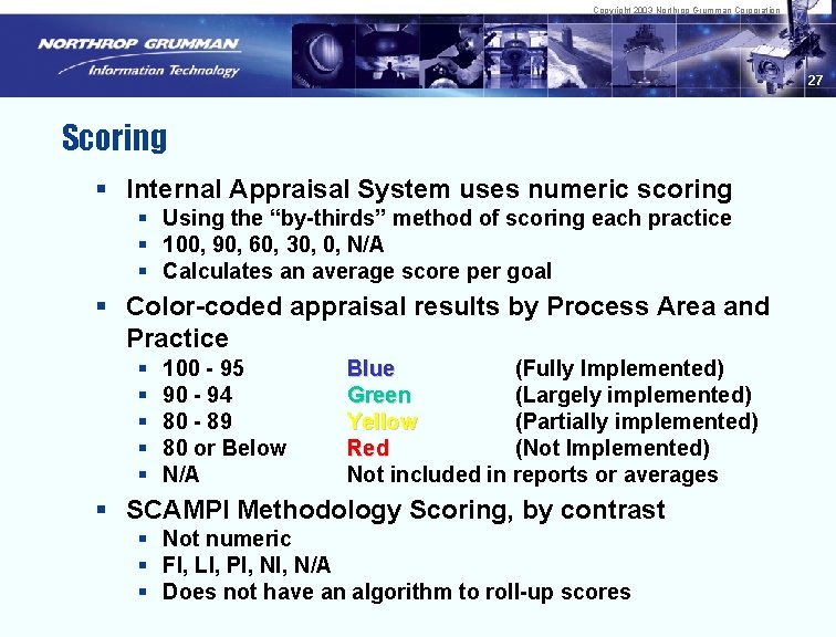 Copyright 2003 Northrop Grumman Corporation 27 Scoring § Internal Appraisal System uses numeric scoring